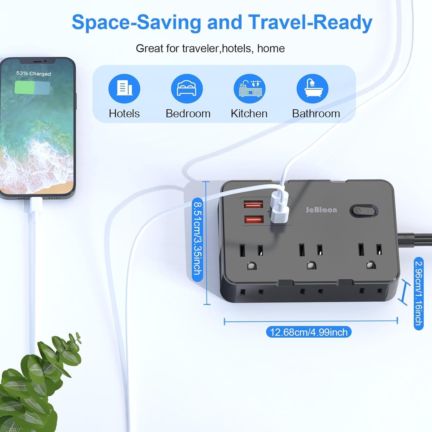 Detalle de JcBlaon QT660 Flat Plug Surge Protector, 6 Outlets, 4 USB Ports, 1050J