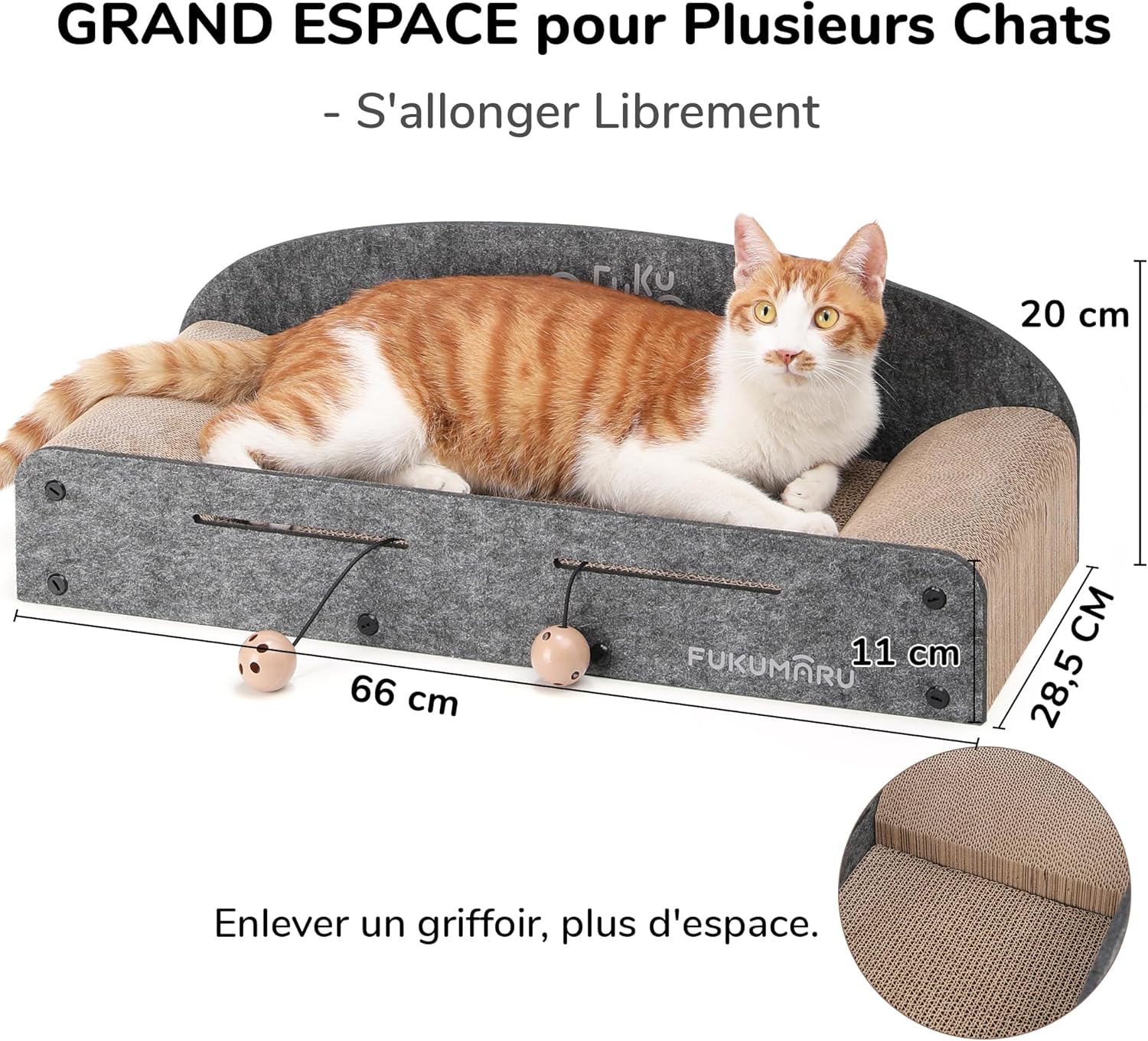 Thumbnail 5 de FUKUMARU Grattoir pour chat de 66 cm en carton recyclable – grande chaise longue, 2 griffoirs réversibles