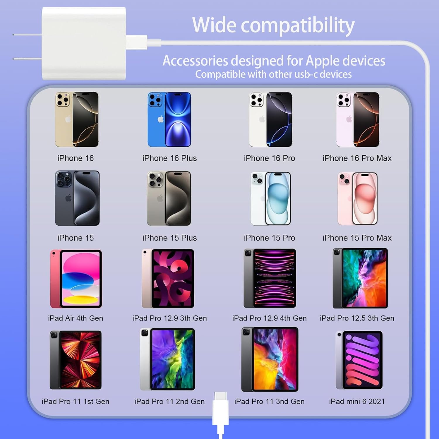 Thumbnail 6 de 10ft USB-C Cable + 20W USB-C Wall Charger Set for iPhone 16/15 Pro Max, iPad & AirPods (Fast Charging) — White