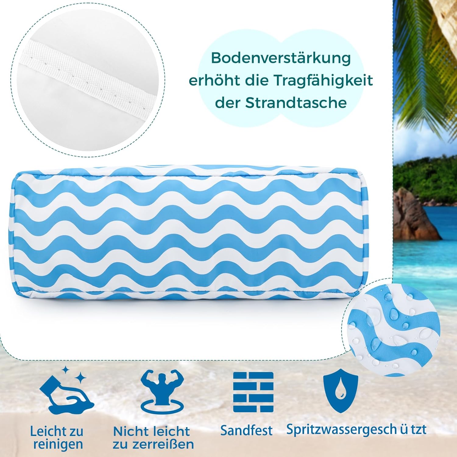 Detalle de benpen Strandtasche XXL – Große faltbare Badetasche mit Reißverschluss für Familie