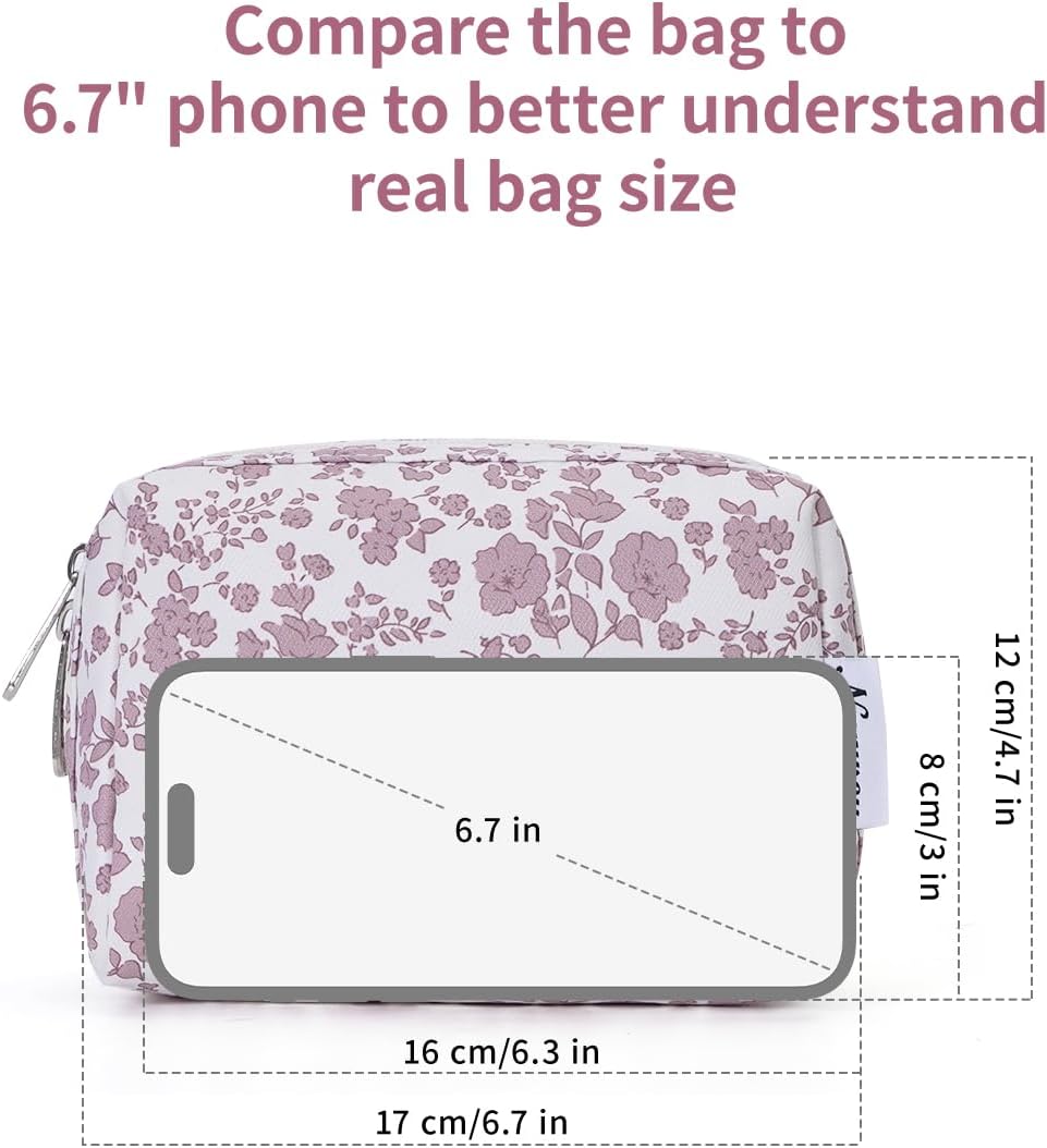 Thumbnail 4 de Narwey Small Makeup Bag for Purse Travel (17 x 8 x 12 cm, Dusty Pink Flower)