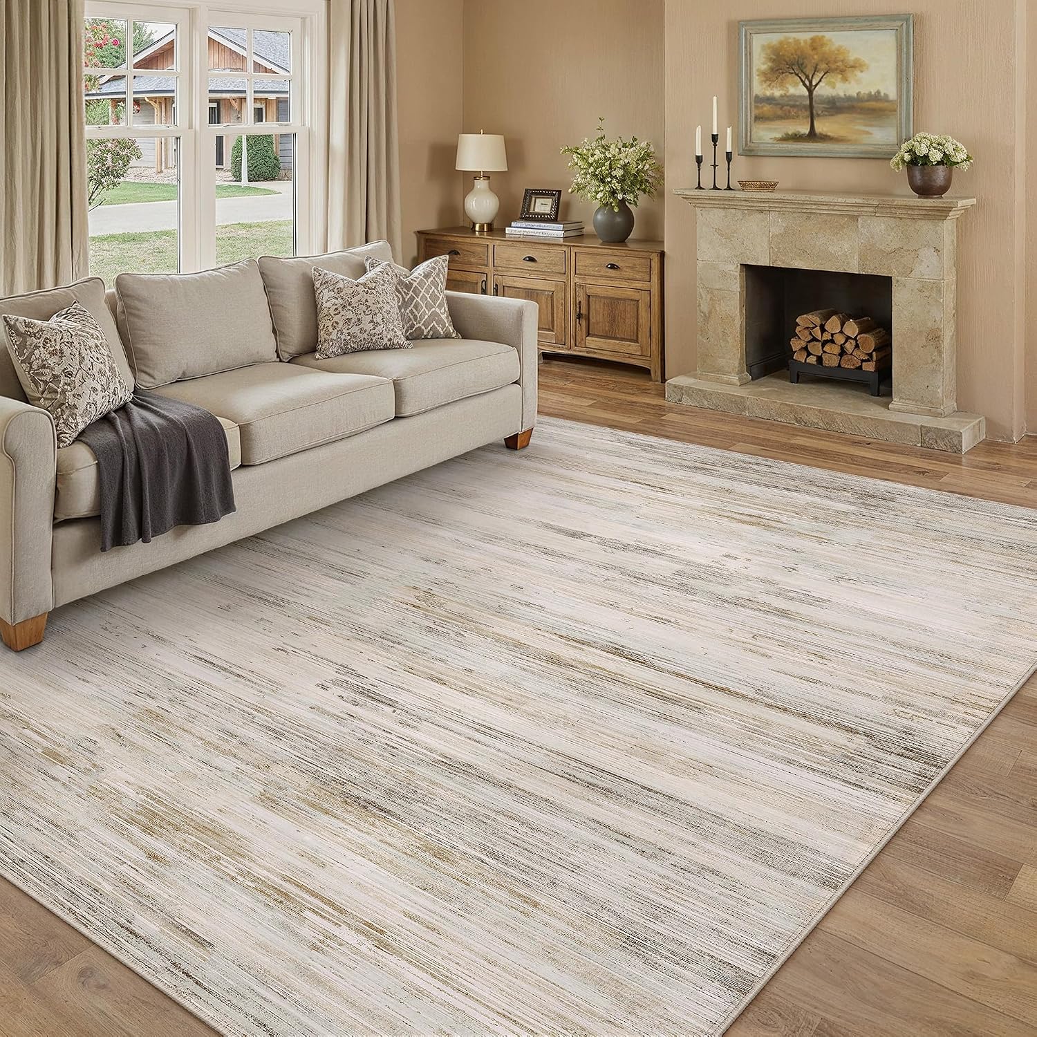 Detalle de PureCozy Beige Teppich 200x300 cm – abstrakt, waschbar, rutschfeste Kurzflor-Option für Wohnzimmer & mehr