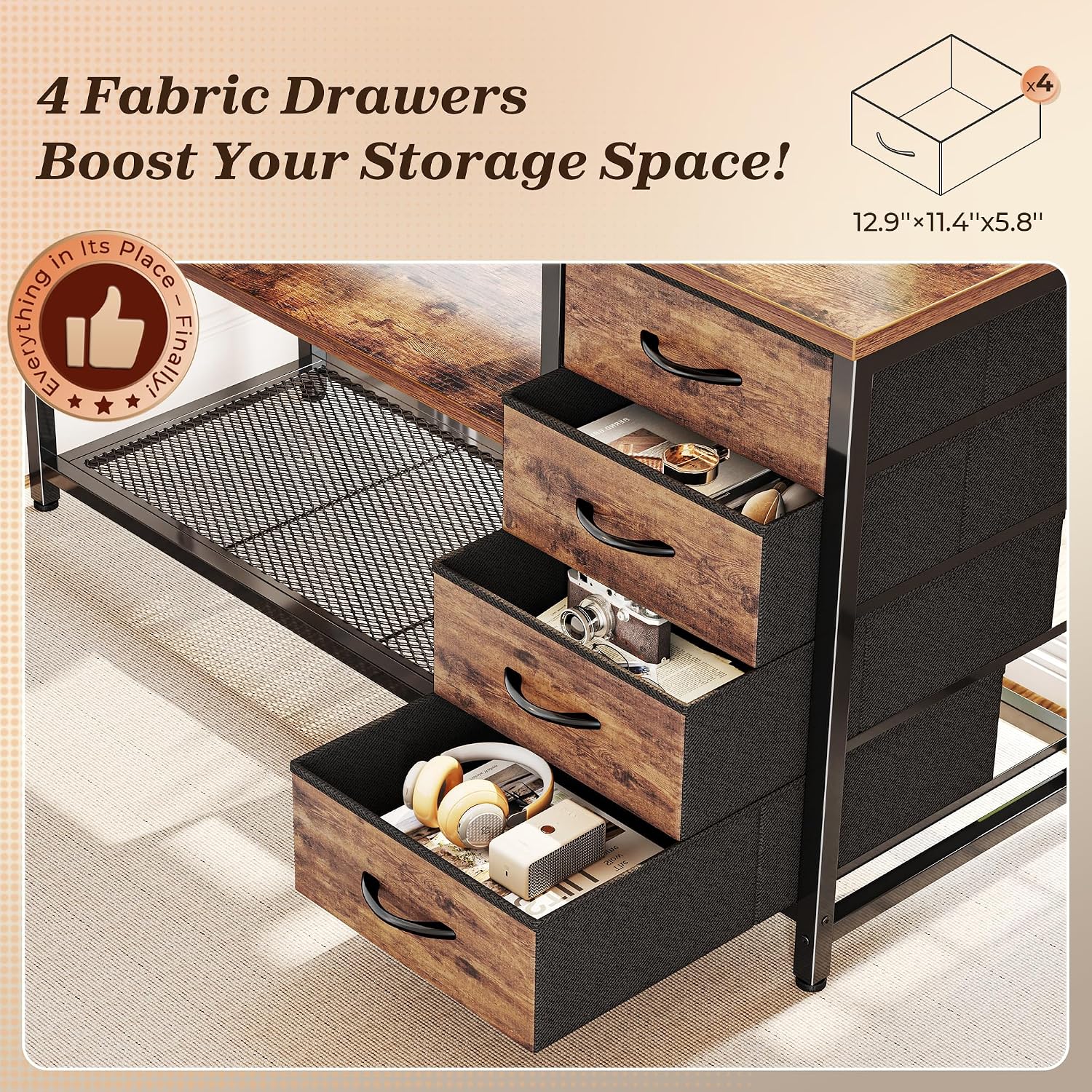 Thumbnail 6 de PRAISUN 61" L-Shaped Desk with Power Outlets, 4 Drawers, Rustic Brown
