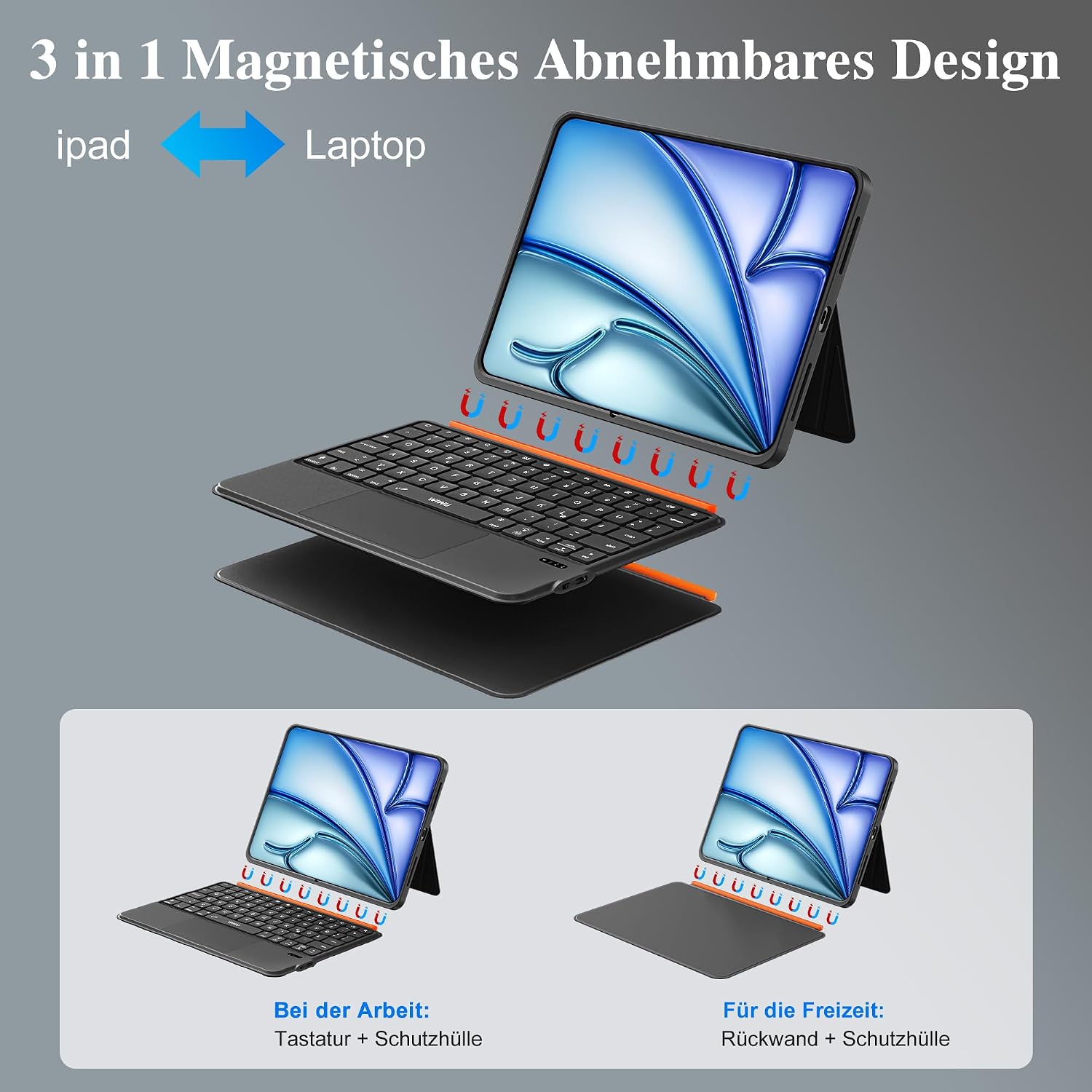 Detalle de WIWU Tastaturhülle 3-in-1 für iPad 11 Zoll – Air/M4/M2/M3 Pro 11" mit beleuchteter Tastatur, Touchpad und abnehmbarem Ständer