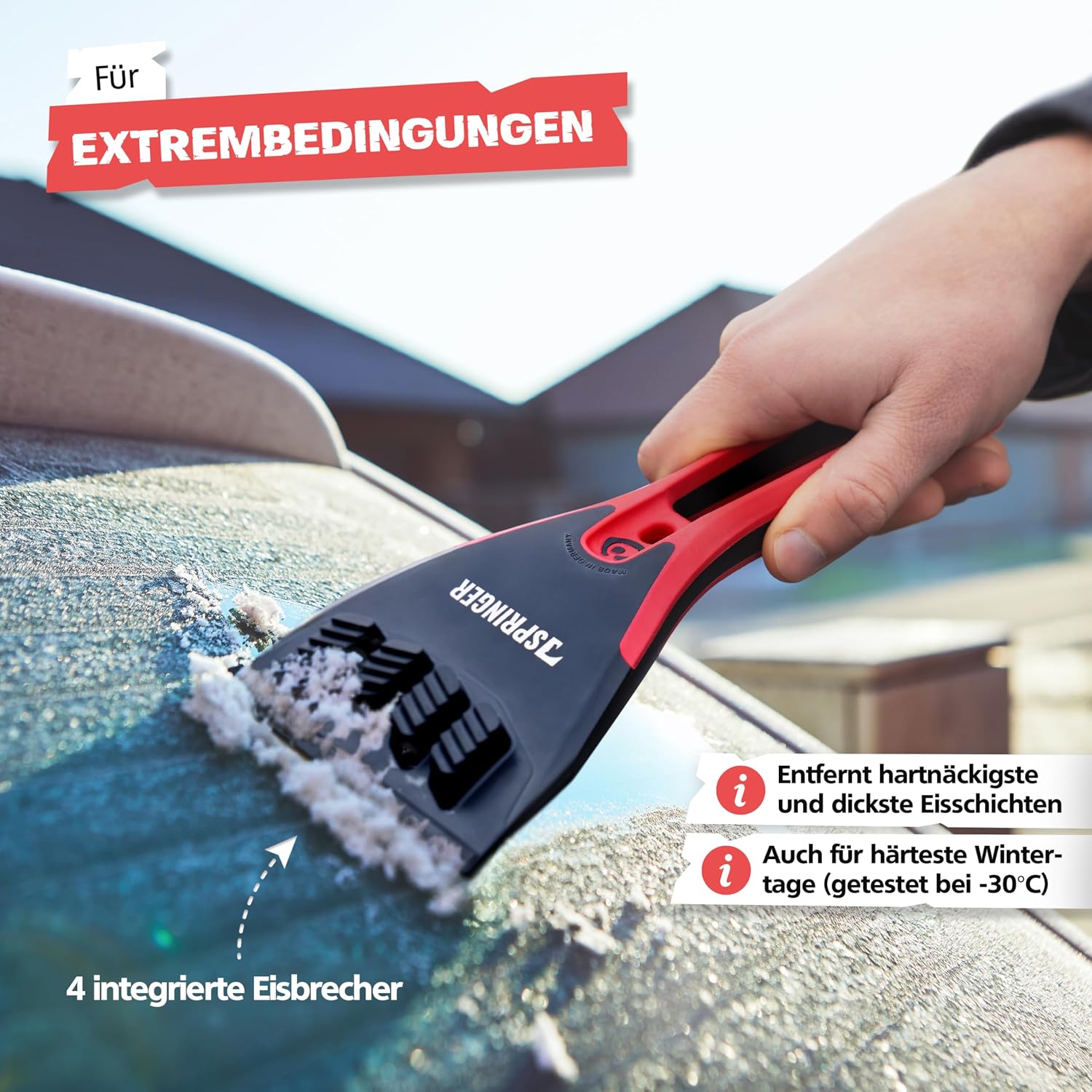 Detalle 1 de SPRINGER ZX2000 isskrapa med mässingsblad, fyra isbrytare och halkfritt grepp
