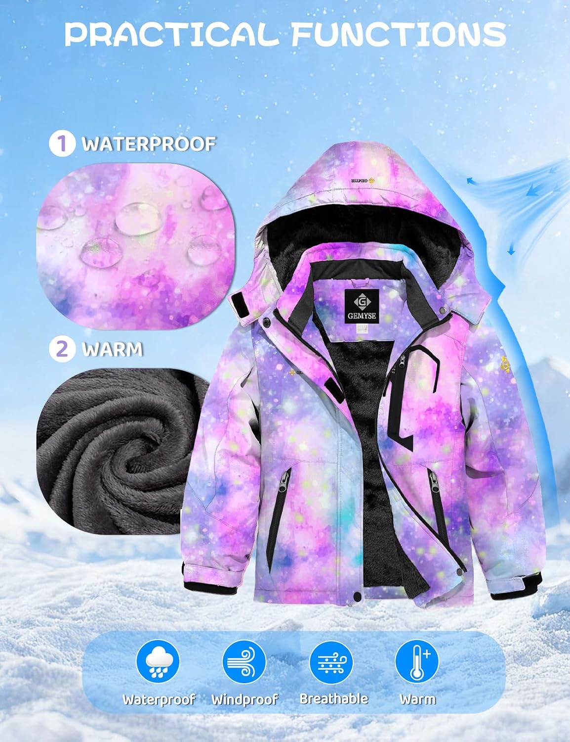 Thumbnail 5 de GEMYSE Girl's Waterproof Ski Jacket with Hood