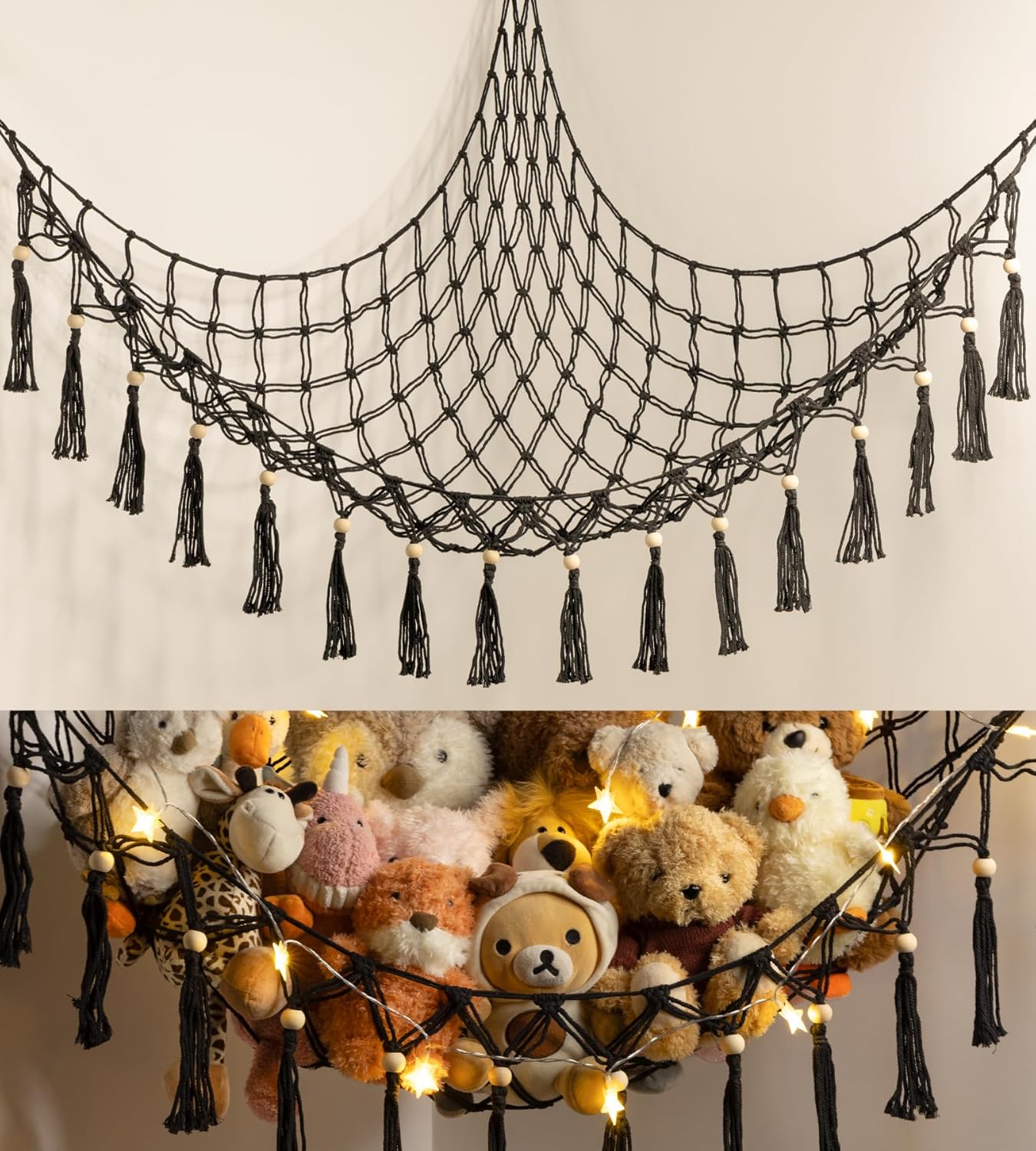 Detalle de Stuffed Animal Toy Storage Hammock with LED Light – Macrame Jumbo Corner Organizer