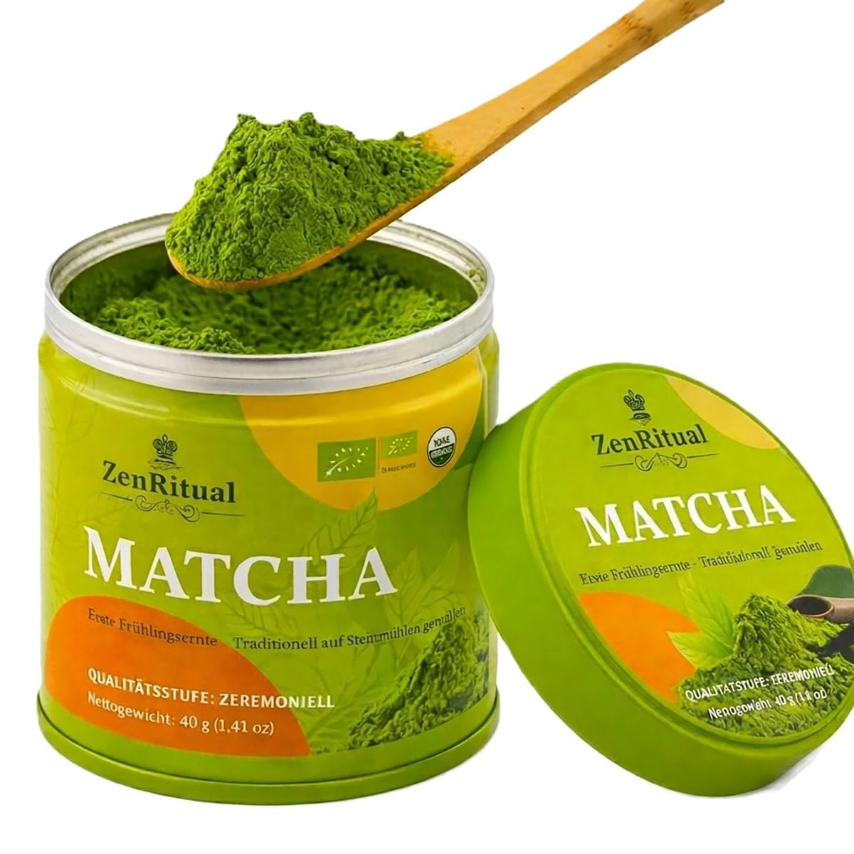 Detalle de ZenRitual Matcha Pulver Bio 40g Dose – Ceremonial Grade, Tencha Erste Ernte