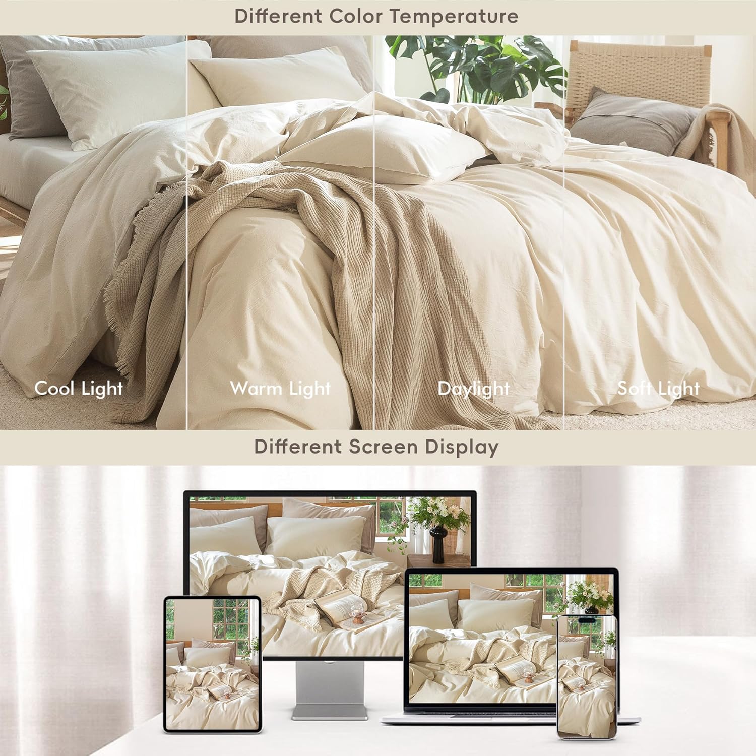 Detalle 2 de MooMee 100% Washed Cotton Duvet Cover Set in Almond Milk Gray (King, 104 x 90)