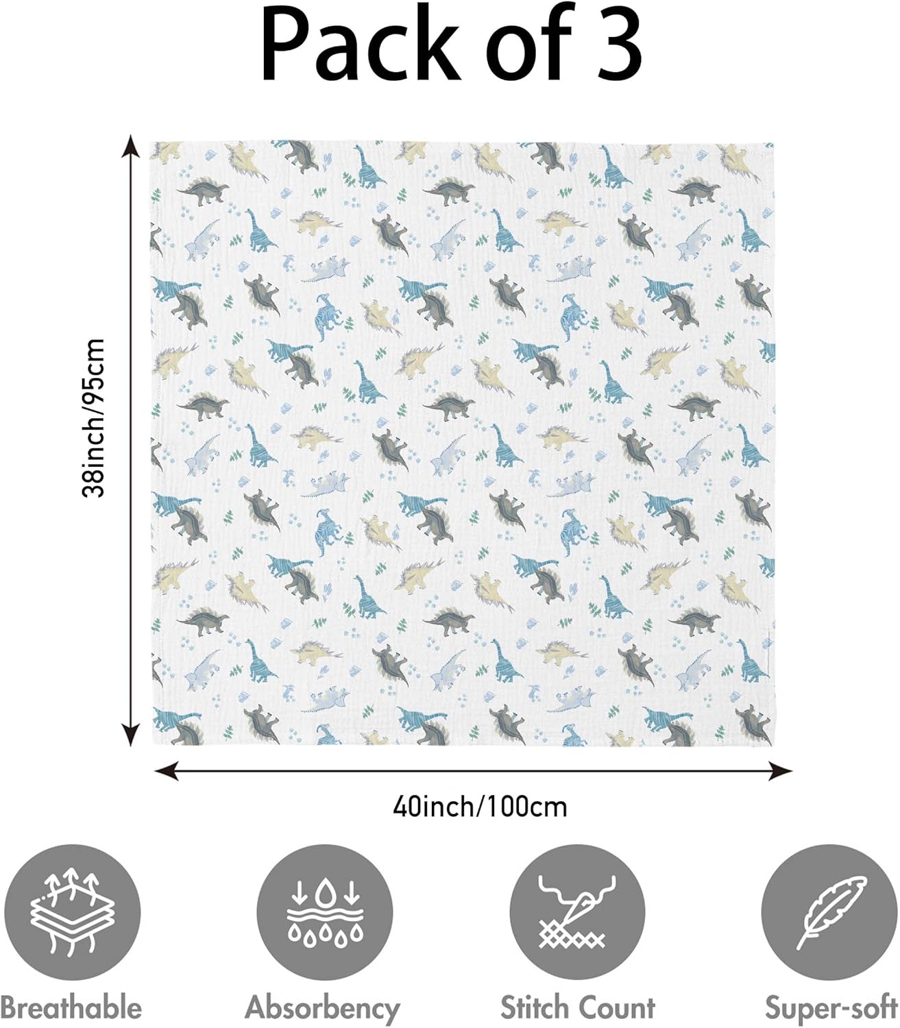 Detalle 2 de Soarwg Kids Muslin Swaddle Baby Blanket (Pack of 3) – 95 x 100cm Dinosaur Print