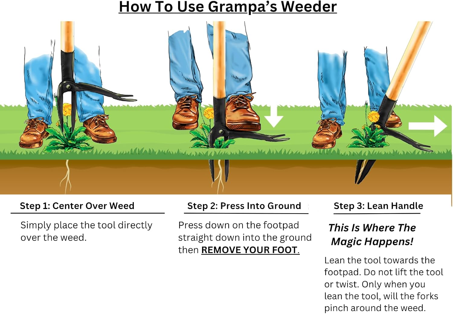 Detalle de Grampa's Weeder Original Stand-Up Weed Puller with Bamboo Handle and 4-Claw Steel Head