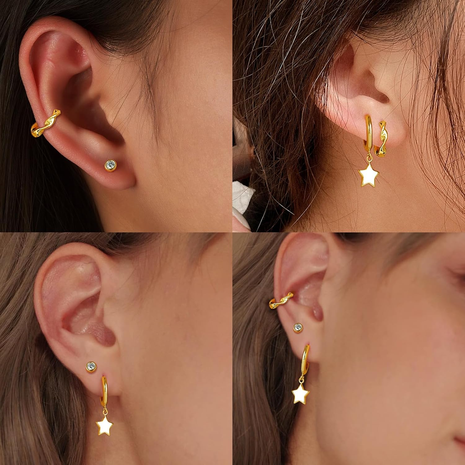 Detalle 2 de Kamise Ohrringe Silber 925 – Set mit 3 Paar Ohrringe (Stirn, Creolen, Stern) für Damen