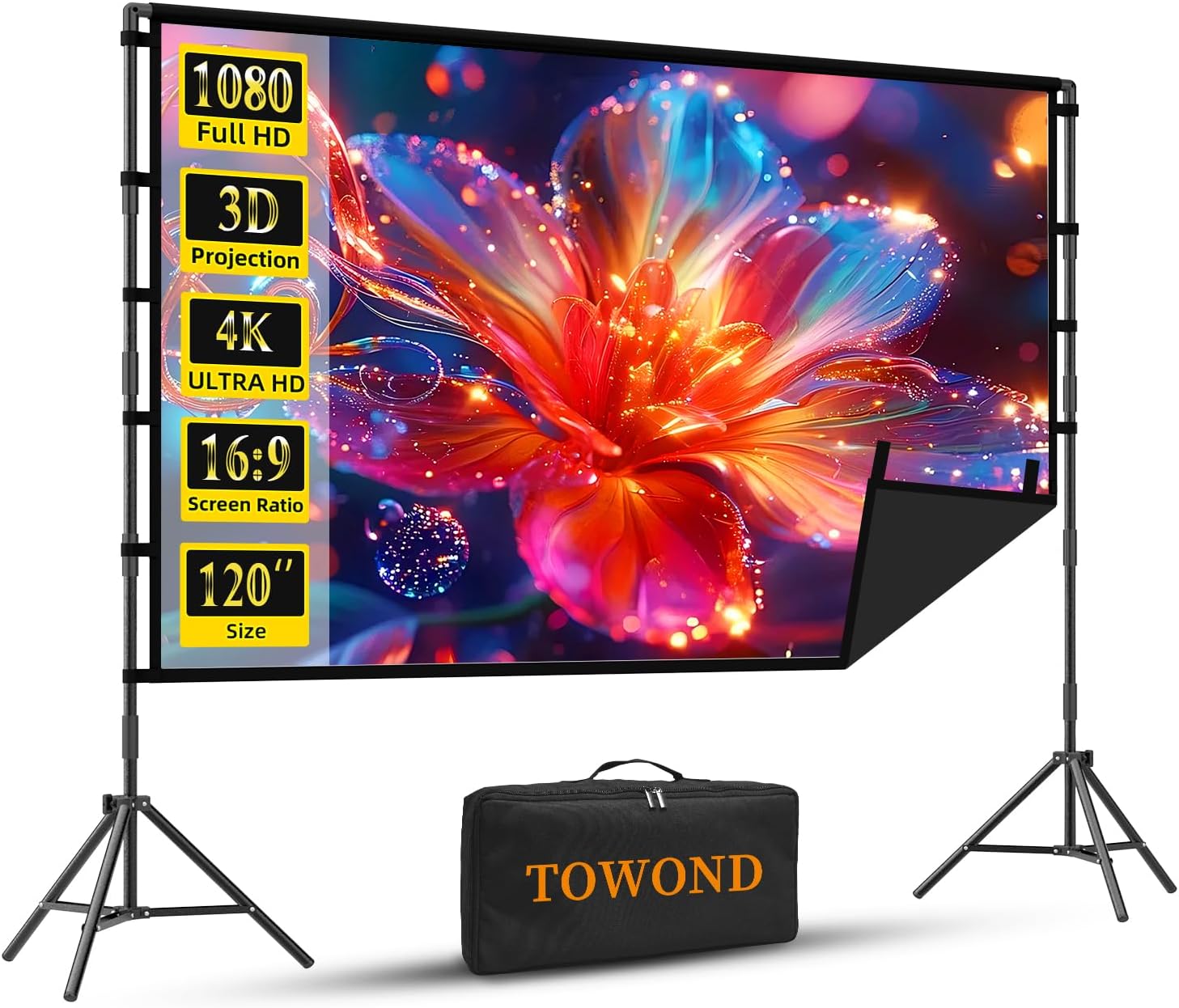 TOWOND 120-Inch Outdoor Projector Screen with Stand — Large 16:9, 4K HD Ready, Wrinkle-Free, Portable with Carry Bag