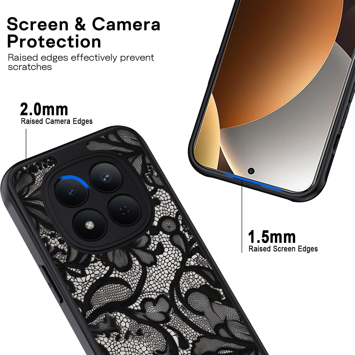 Thumbnail 4 de Coque XTCASE pour Xiaomi Redmi Note 15 Pro Plus 5G – Motif vintage en dentelle noire, dos PC dur + bumper TPU