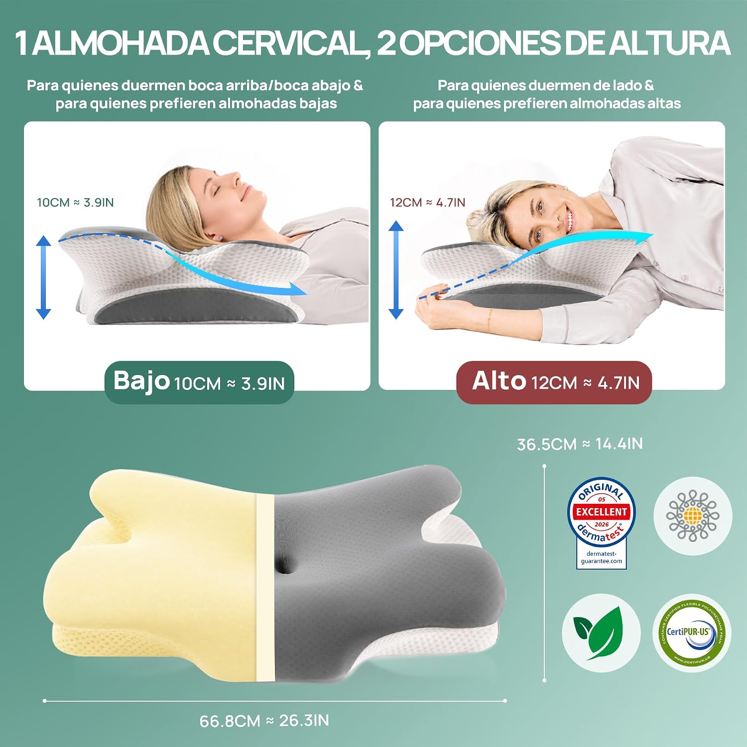 Detalle de MULISOFT Almohada Cervical 2 en 1: Ergonómica, espuma viscoelástica y funda de seda fría