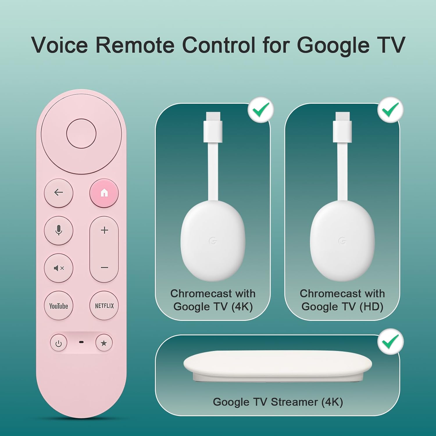 Detalle de Voice Replacement Remote for Google Chromecast TV (Pastel Pink) — 1-Year Warranty