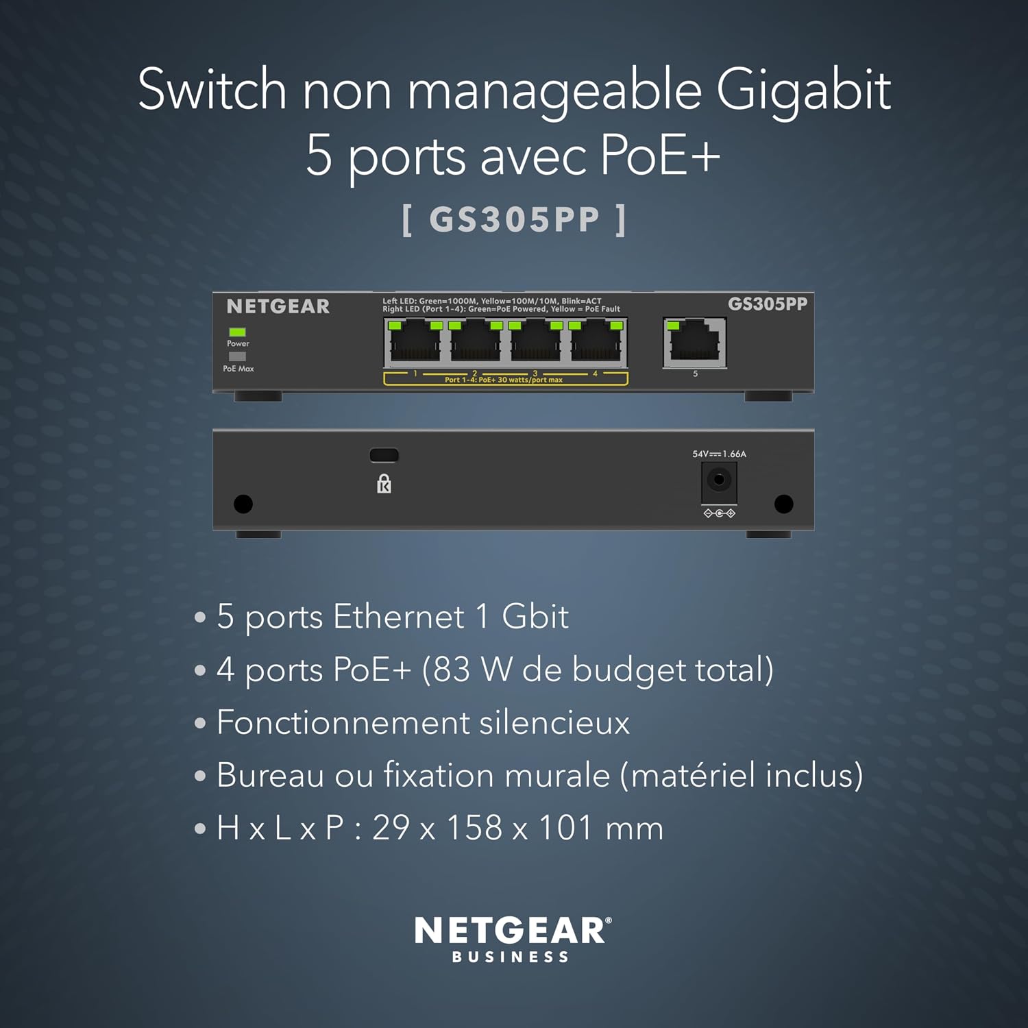 Detalle de NETGEAR GS305PPv3 — Switch 5 ports Gigabit Ethernet PoE+ (4 ports PoE+ jusqu’à 83 W), montage bureau ou rack