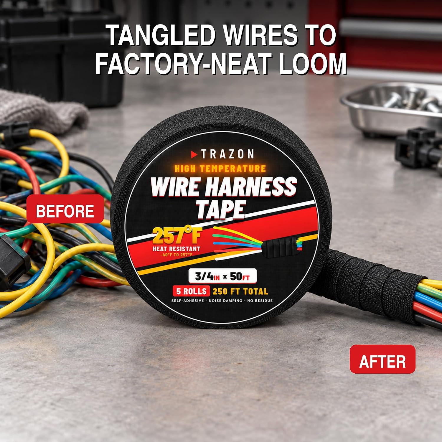Thumbnail 2 de Trazon 5 Pack 3/4" x 50Ft Black Wire Harness Tape, High-Temp Cloth