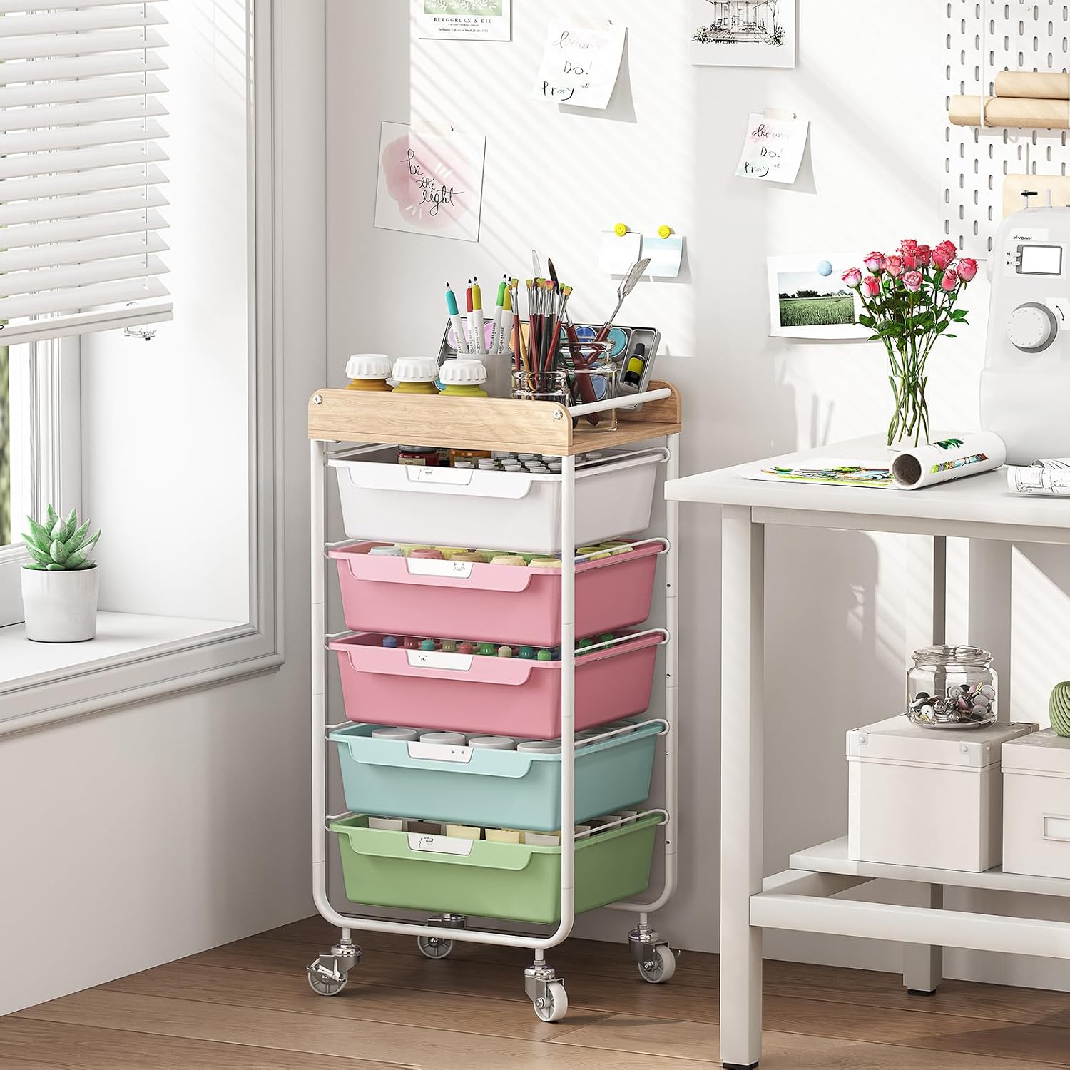 Detalle de SYKIARIOL 1431+1233+1432 Utility Cart with 5 Colorful Drawers and Wood Top