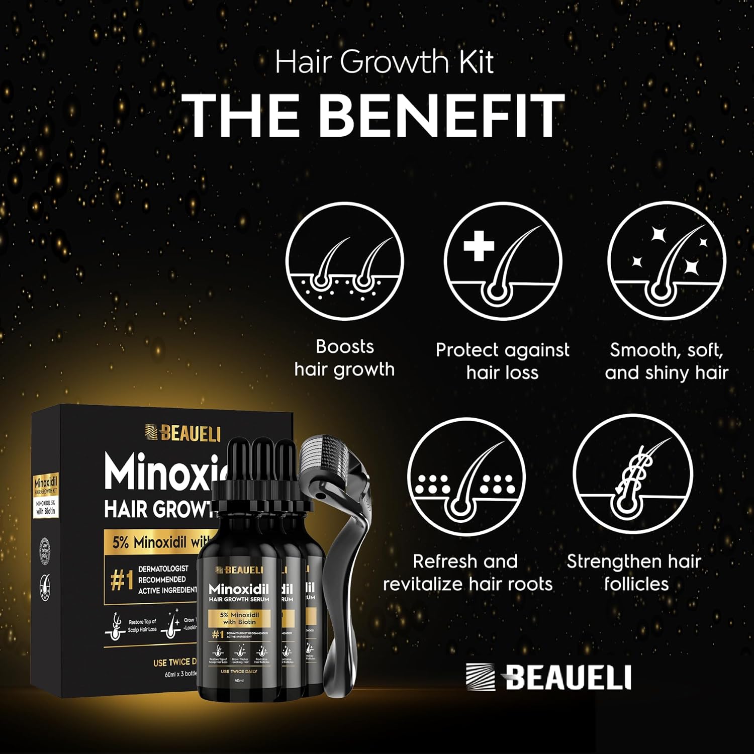 Detalle de Beaueli Minoxidil Beard Growth Kit for Men and Women (3 x 60 mL)