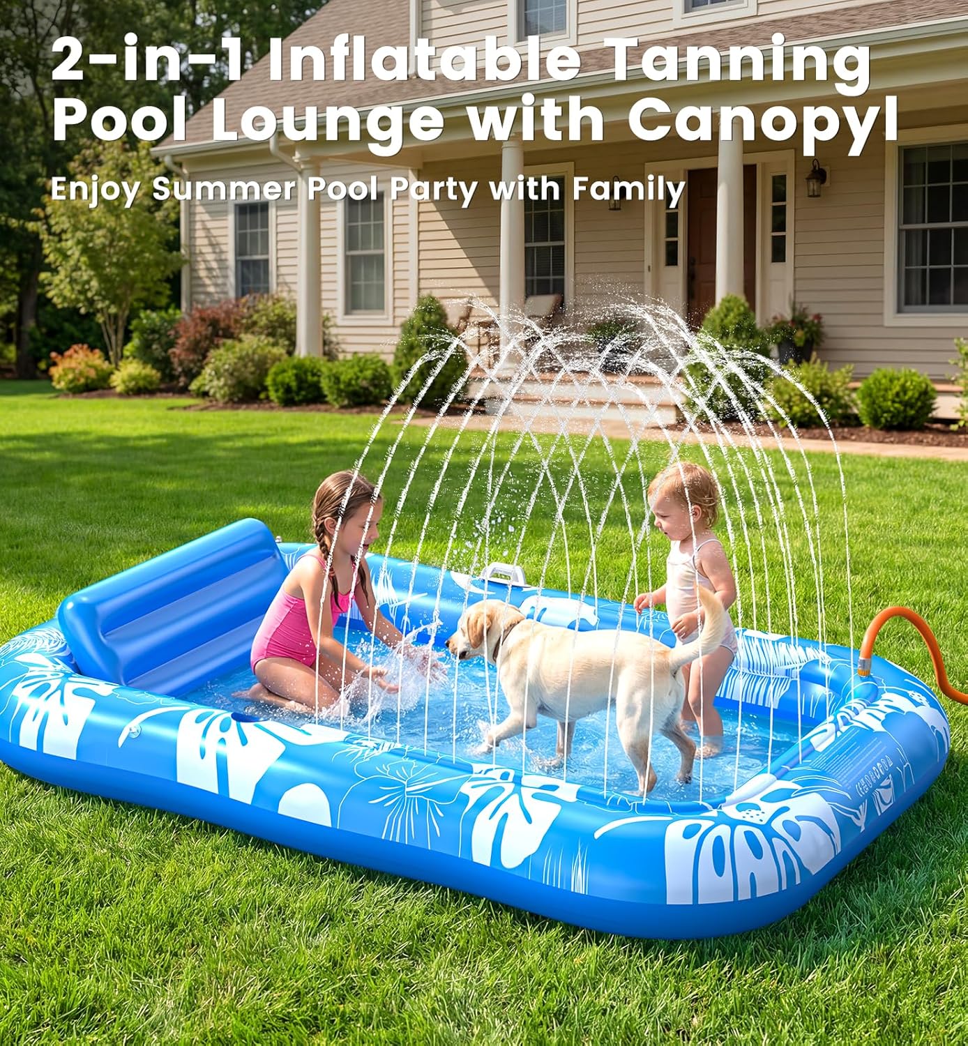 Thumbnail 1 de Inflatable Tanning Pool Lounger Float with Canopy & Sprinkler UPF50+ (77" x 48")