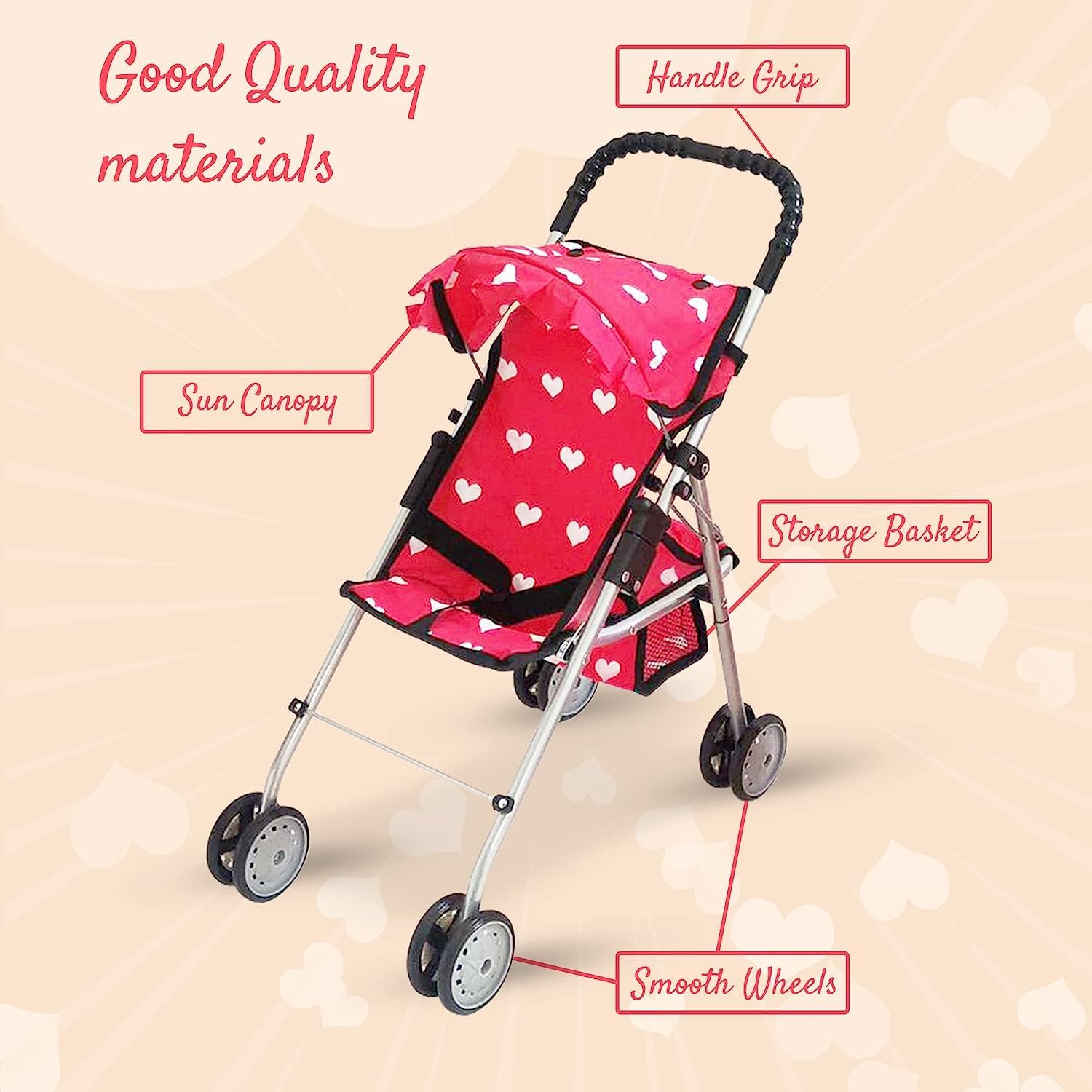 Detalle 2 de The New York Doll Collection My First Doll Stroller with Basket & Heart Design (Pink)