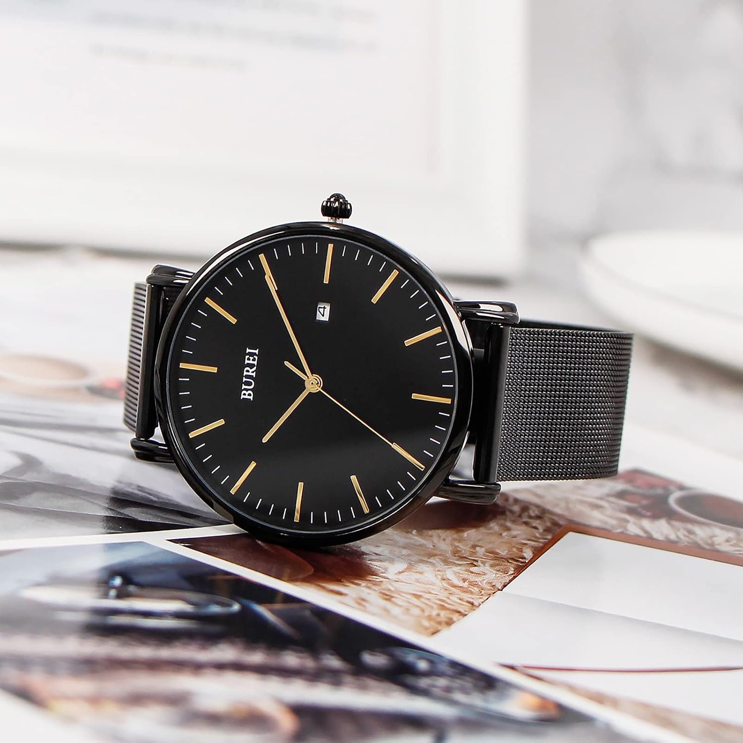Detalle 2 de BUREI Ultra Dünne Herrenuhr mit Datum