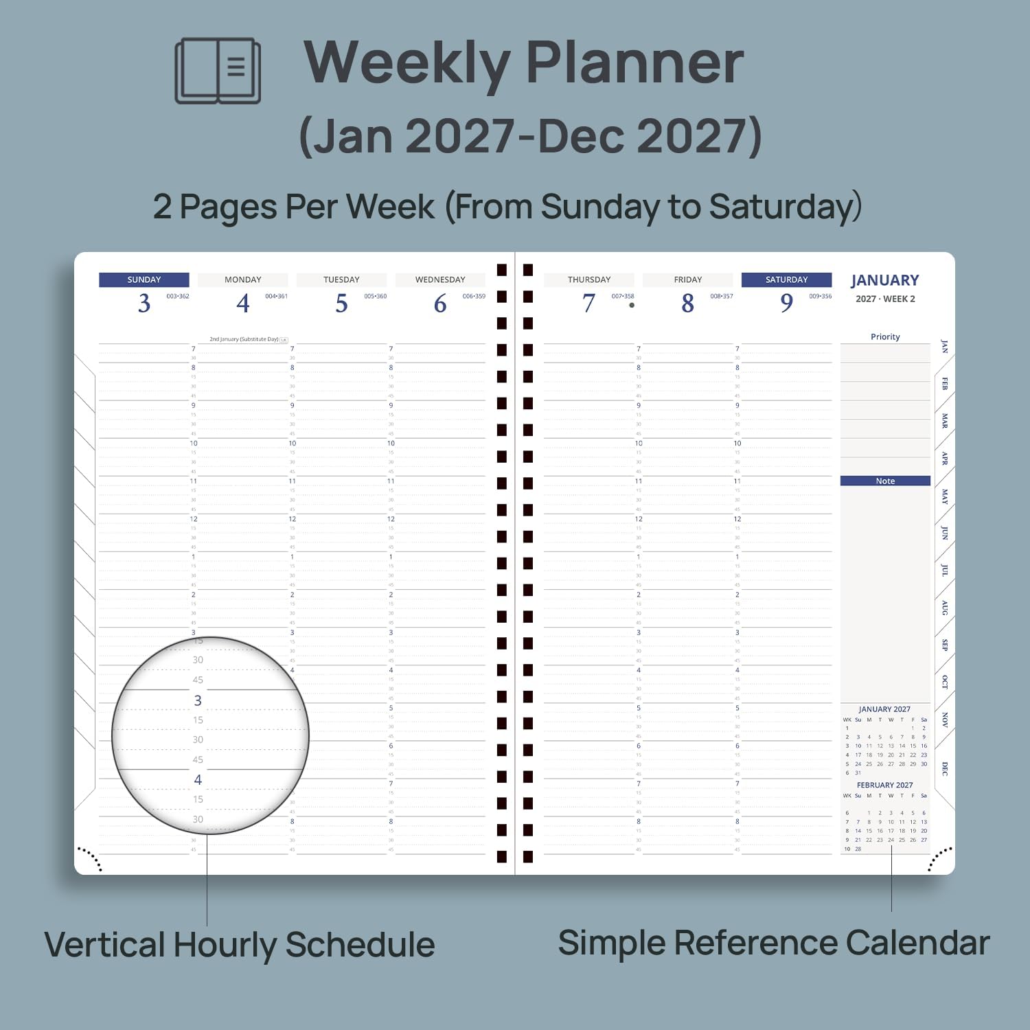Detalle de POPRUN 2027 Weekly Planner, 8.25 x 11.75-Inch, Hourly Layout, Monthly Tabs