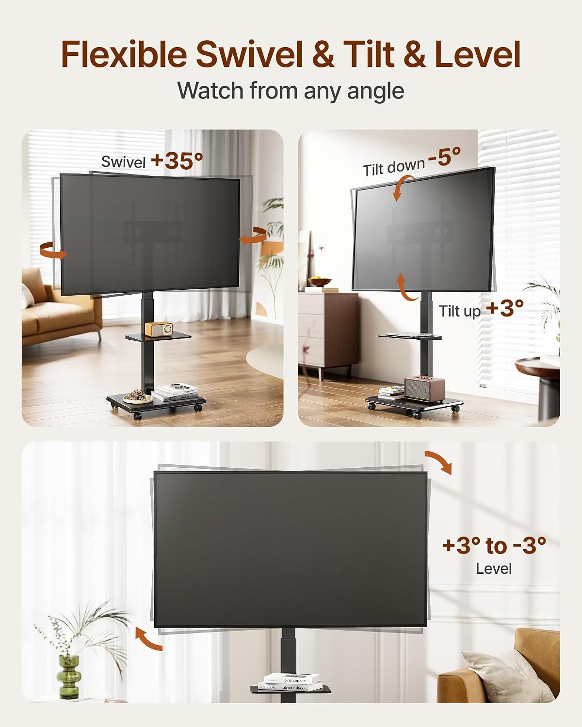 Detalle 2 de ECOTINY HW1274BK Rolling TV Stand for 32–75-Inch TVs, 110-lb Capacity