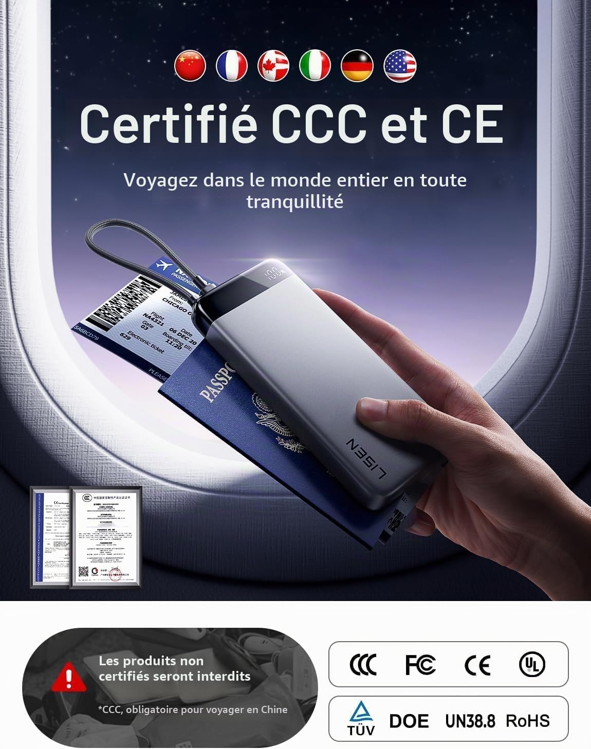 Thumbnail 2 de LISEN Power Bank Slim CCC – Batterie externe 20 000 mAh avec câble intégré et 35 W