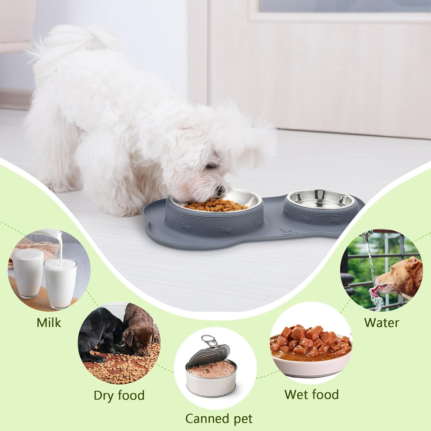 Thumbnail 5 de pecute Dog Bowls Non-Slip: Stainless Steel Double Bowls with Silicone Mat Tray
