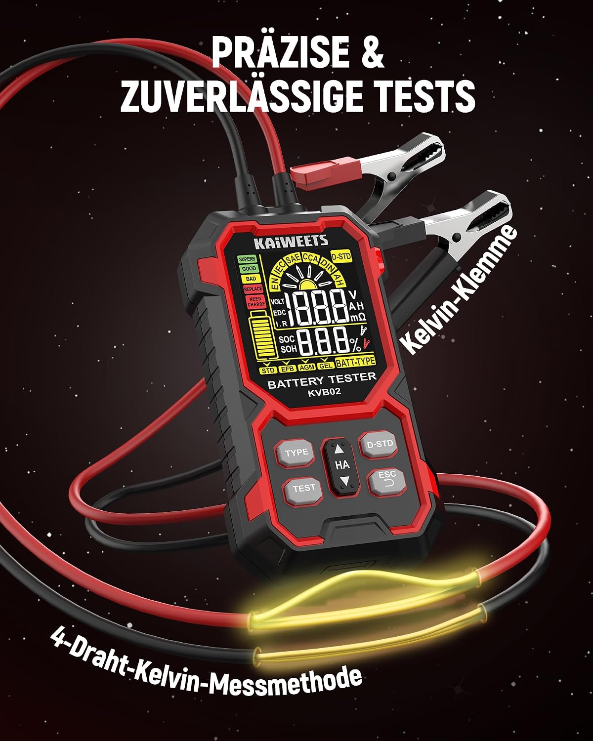 Thumbnail 4 de KAIWEETS Batterietester KFZ 12V/24V digital mit Kelvin-Technologie (KFZ, SUV, Motorrad)