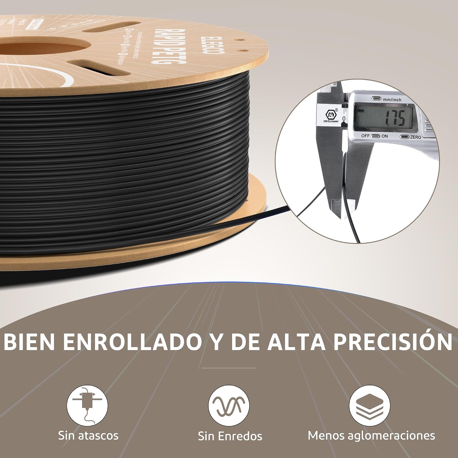 Detalle 1 de ELEGOO PETG Rápido 1.75mm 1KG Negro 🚀