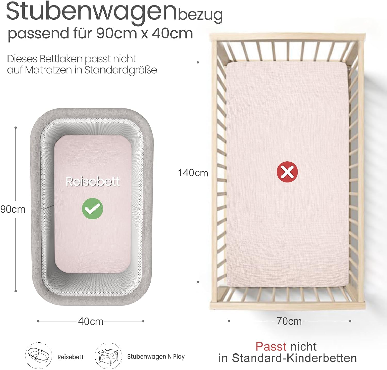 Detalle 2 de lulumoon Musselin-Baumwolle Spannbettlaken 2er Set für Stubenwagen, Beistellbett und Reisebett – Rosa Nelke