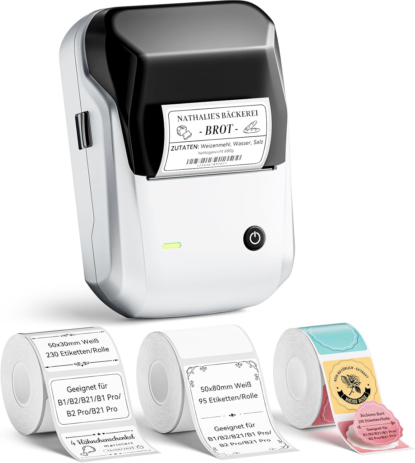 NIIMBOT B1 Etikettendrucker mit Bluetooth und 3 Rollen wasserfesten Etiketten (silber)