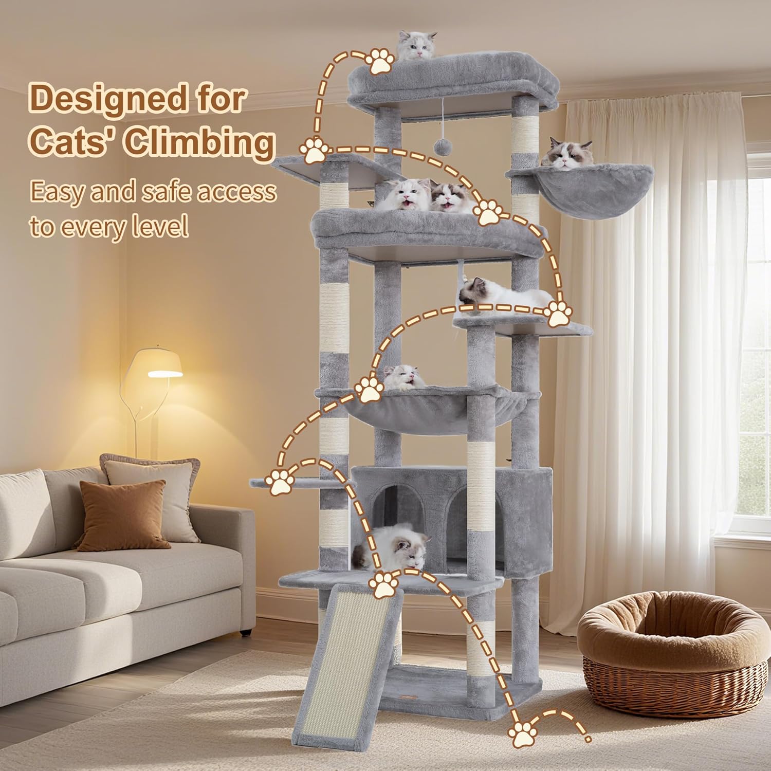 Thumbnail 1 de Heybly Kratzbaum 202 cm – Großes Modell mit 2 extragroßen Kuschelplattformen, Stauraum-Höhle, Sisalstamm und Hängematte
