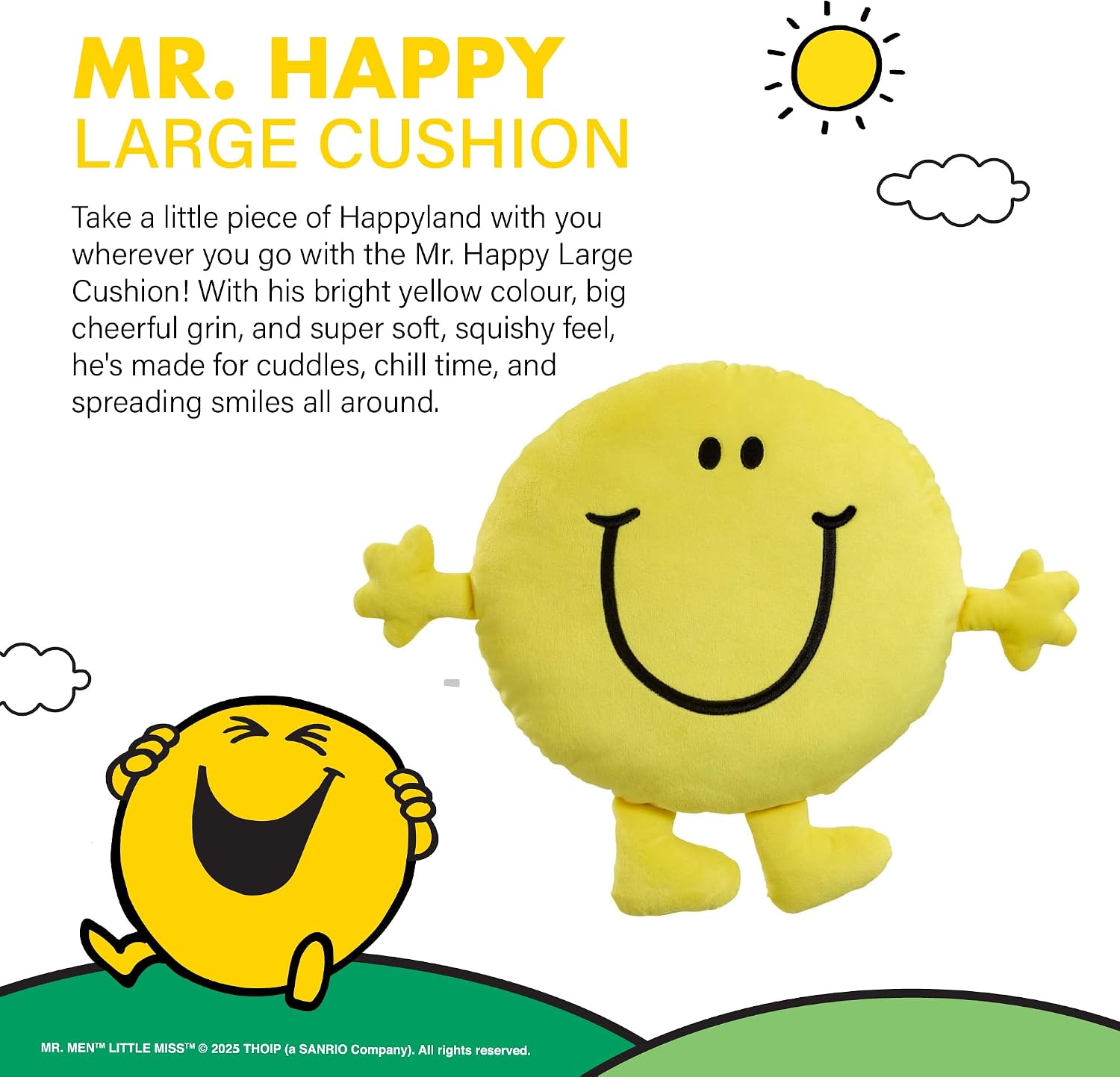 Rainbow Designs Mr Happy Large Cushion: Classic Mr. Men style comfort for kids' rooms