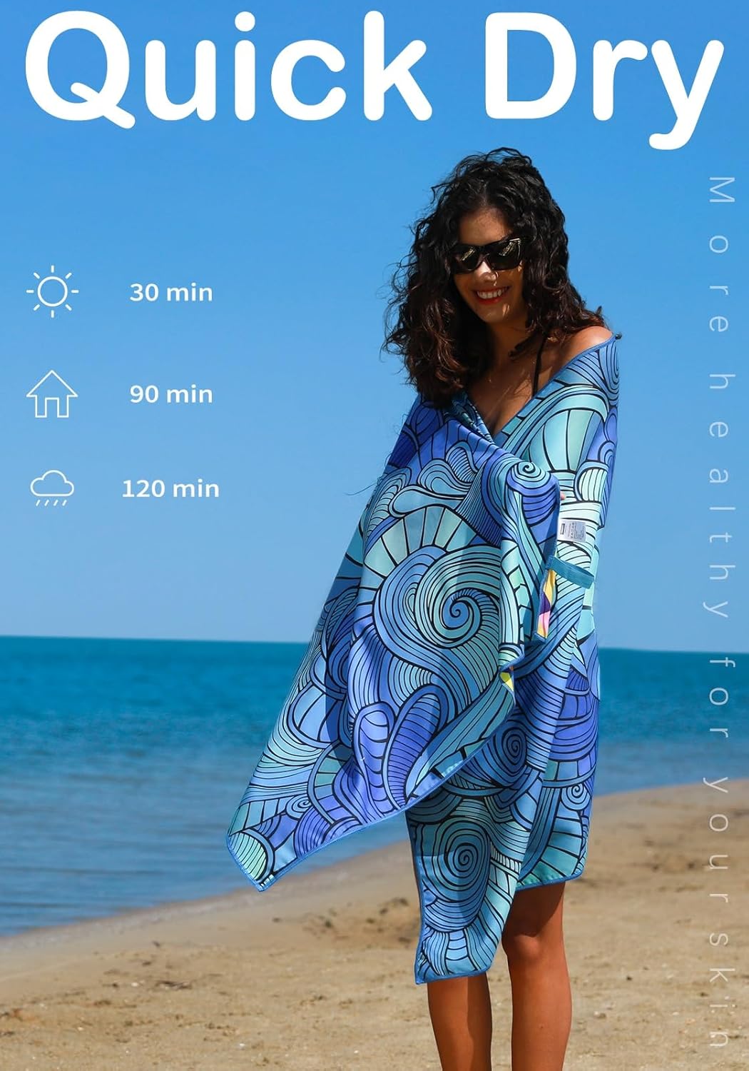 Detalle 2 de Thin Lightweight Microfiber Beach Towel (Sand-Free, Quick-Dry, Compact) for Pool, Camping & Travel