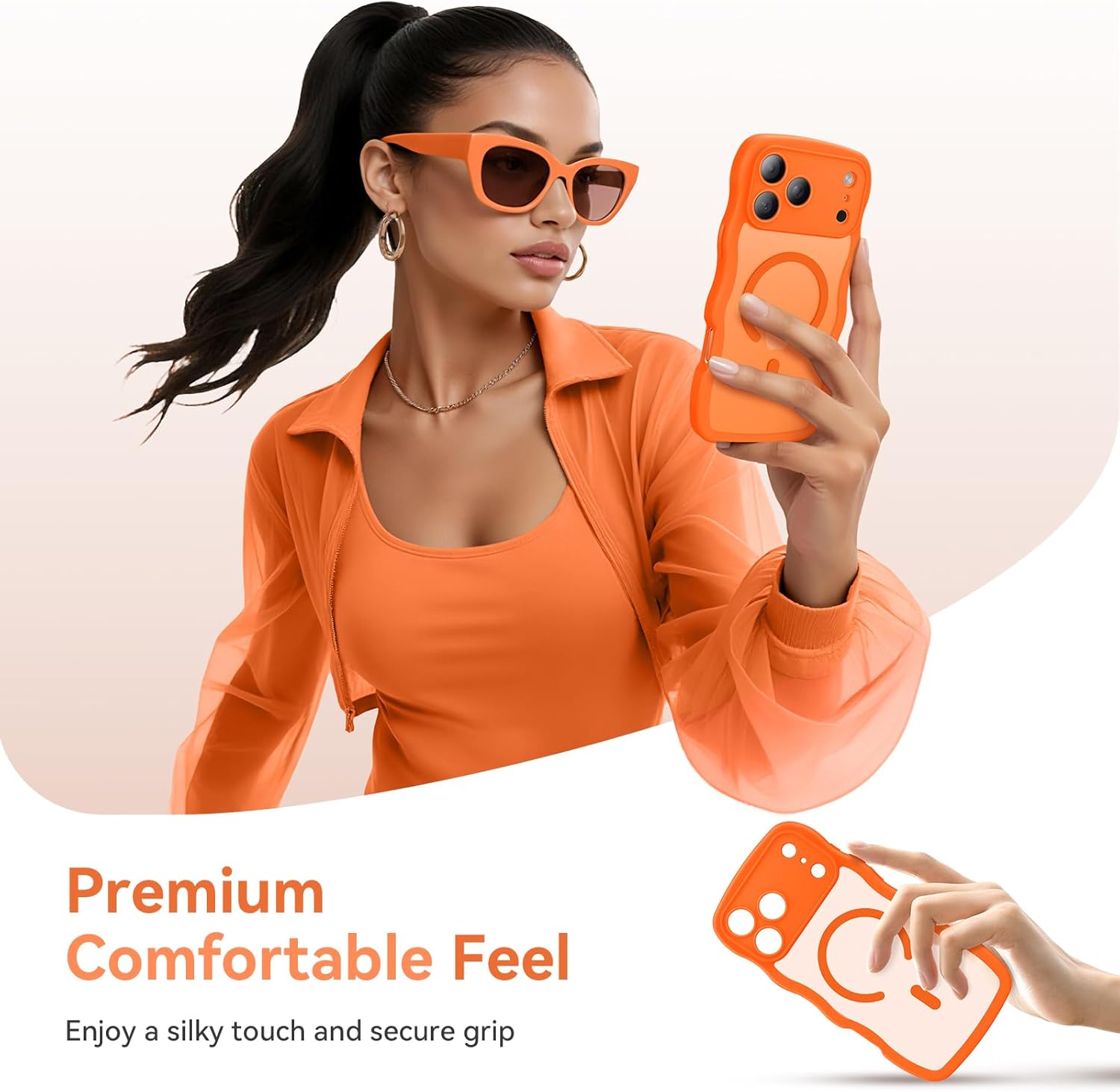 Thumbnail 3 de 3 in 1 Magnetic iPhone 17 Pro Max Case with Cute Wavy Design — Full Camera Protection + MagSafe Compatibility (Orange, 6.9")