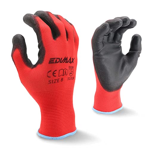 Detalle de EDIMAX Guanti da Lavoro in Nylon PU, 12 Paia, Taglia M (8) – Protezione contro abrasione e taglio livello 3