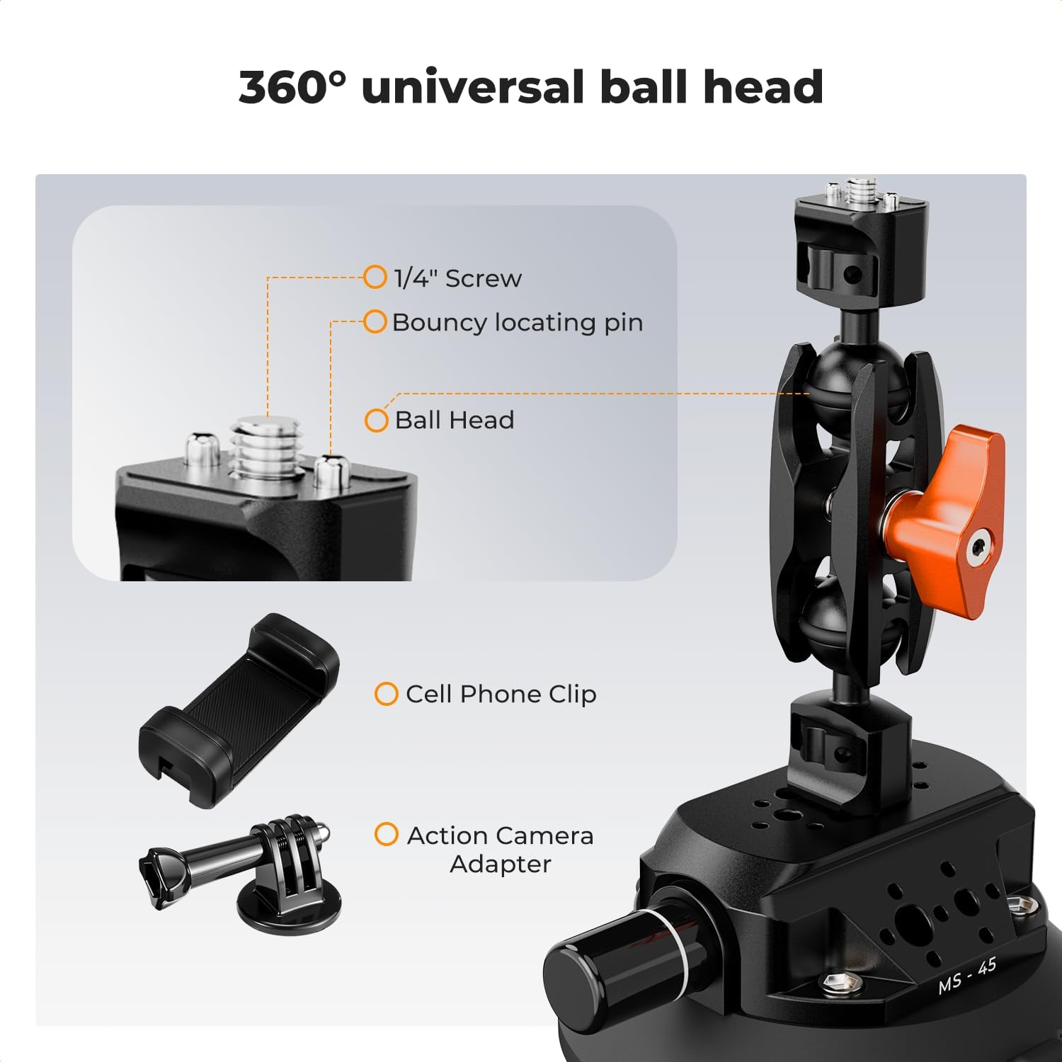 Detalle de K&F CONCEPT supporto fotocamera a ventosa 4,5" con braccio magico e testa sferica (compatibile GoPro, Insta360, telefono)