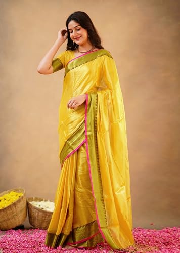 Detalle de TRENDMALLS K1142-Yellow Women's Tissue Cotton Handloom Saree