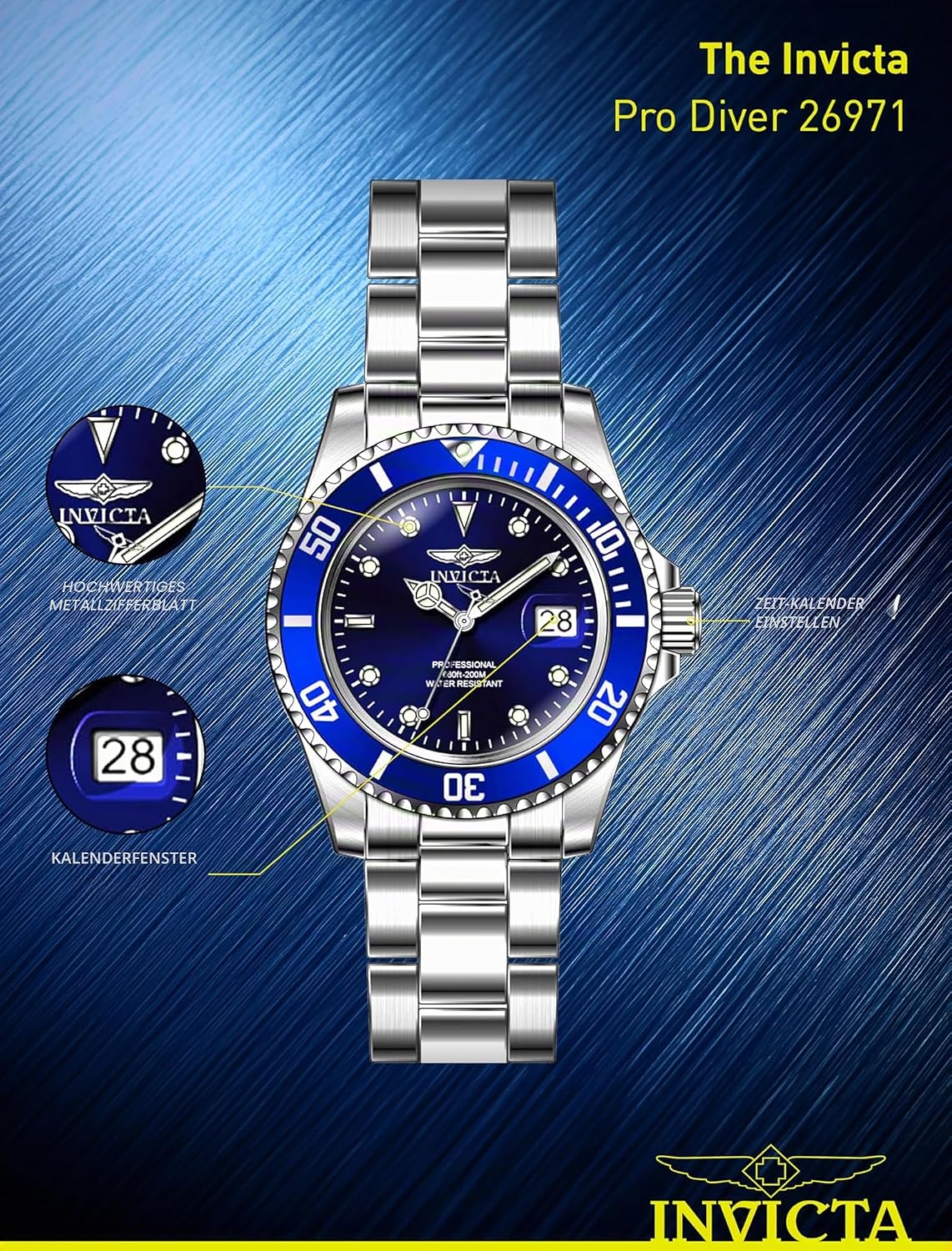 Detalle de Invicta Pro Diver Edelstahl Herren Quarzuhrwerk – 40 mm, Blau