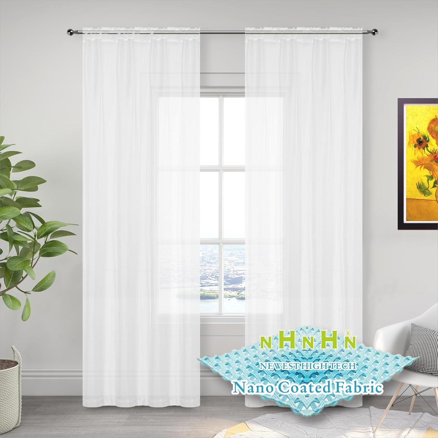Detalle de NHNHN Nano Material Coated Voile Sheer Curtains: 2 Panels, 52" Wide x 84" Drop, White