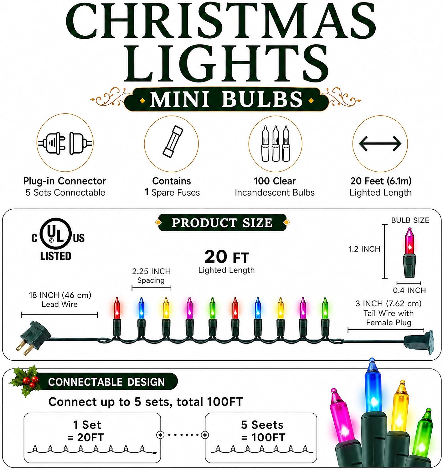 Thumbnail 2 de TW SHINE ZF-100-2/SB Mini Christmas Lights, 20 ft, 100 Multicolour Bulbs