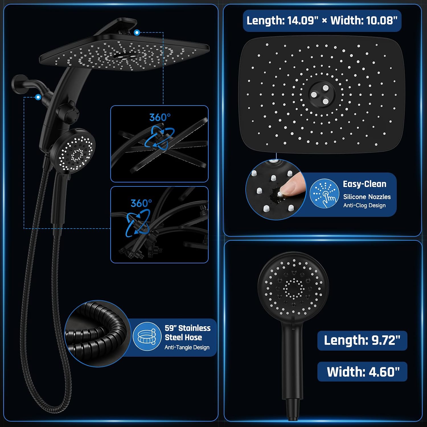 Thumbnail 6 de Veken SHC3V408 14-Inch Rain Shower Head Combo with Handheld, Matte Black