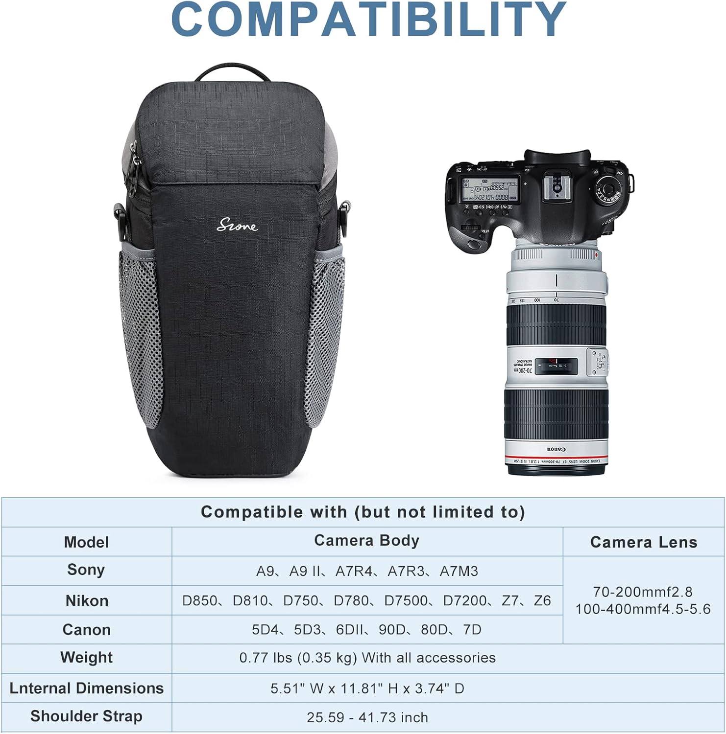 Detalle de S-ZONE Sac étanche pour appareil photo DSLR/SLR (5,5 x 11,8 x 3,75 pouces) avec housse toutes saisons