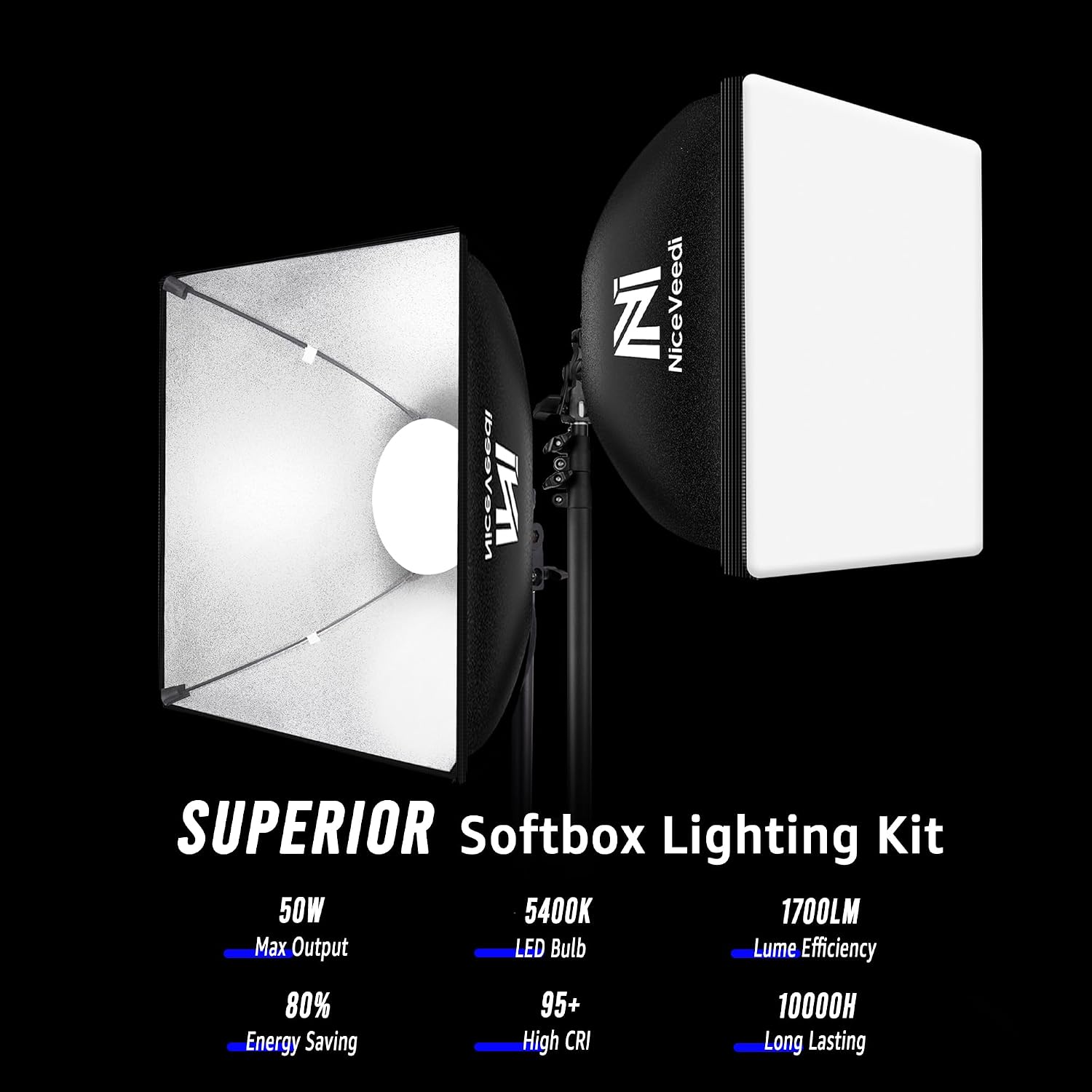 Detalle de Kit Softbox LED 40x40 cm con Treppiede 150 cm — Luce continua per foto, video e streaming