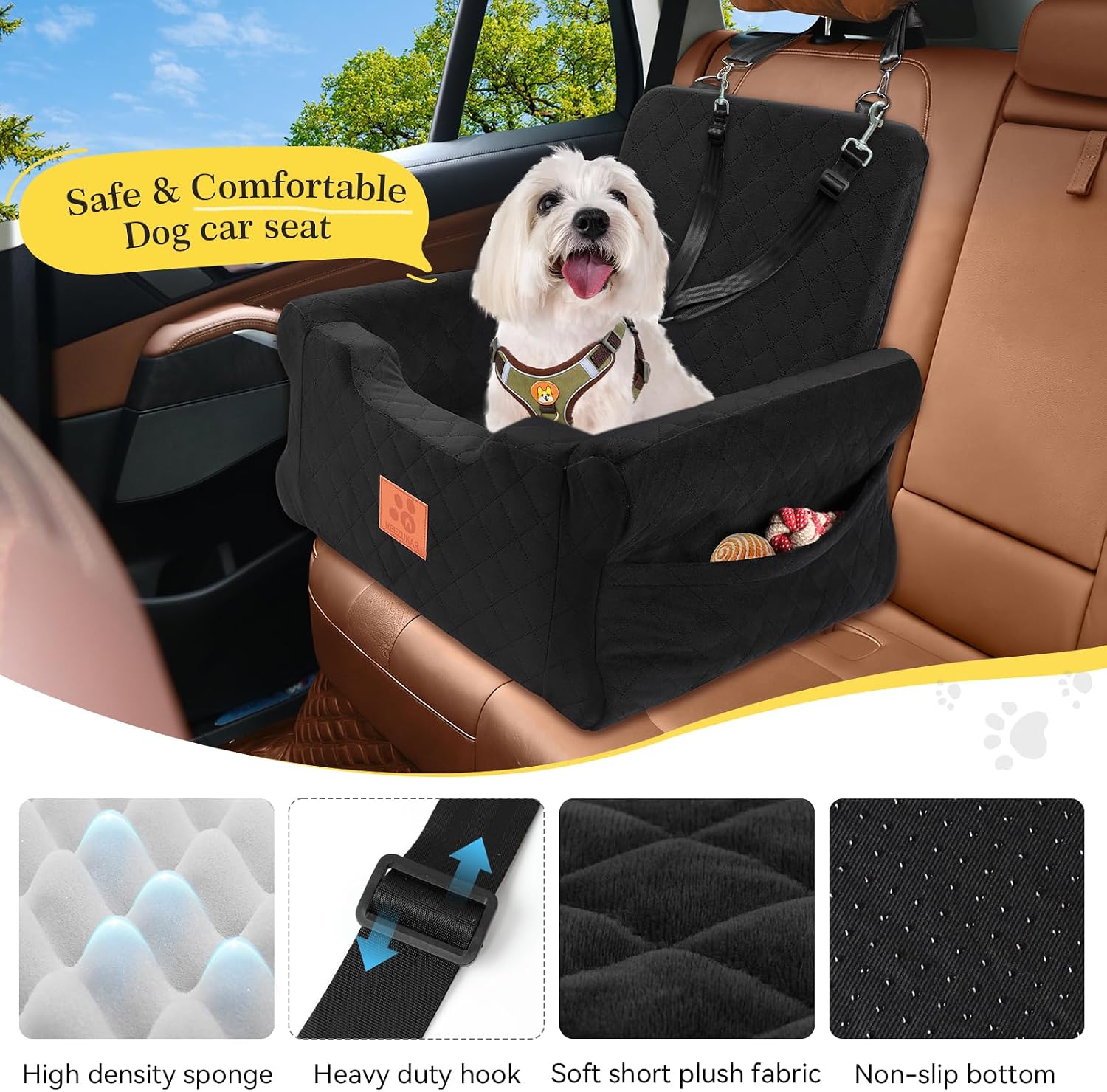 Detalle de GL GLENSLAVE Dog Car Seat for Small/Medium Dogs – Elevated Memory Foam Booster with Safety Belts