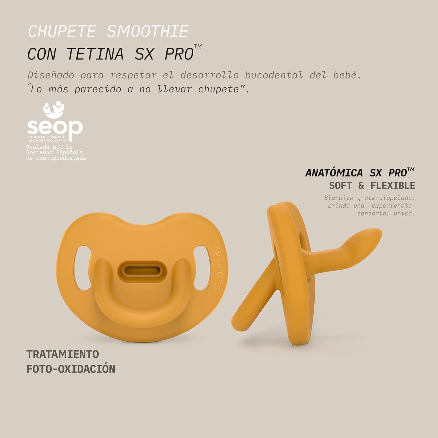 Detalle 2 de Suavinex Ciuccio tutto silicone 0–6 mesi SX Pro, tettarella anatomica per sonni sereni – Colour Essence Senape